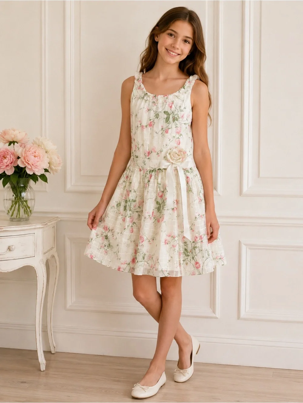 Ralph Lauren Cream Floral Sundress with Pink Roses girls sz12‎